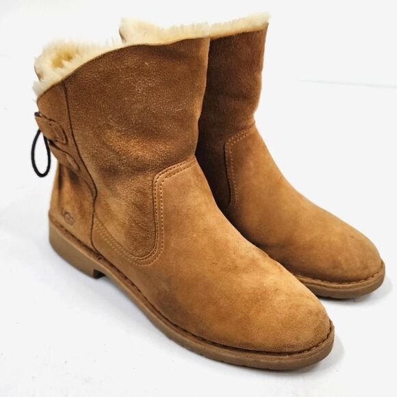 UGG Naiya Chestnut Suede Lace Back Ankle Boots Sheepskin Size 11M - Picture 1 of 9